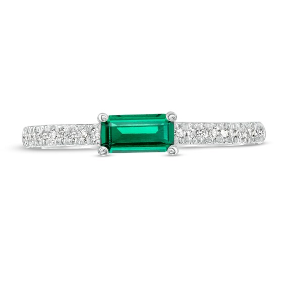 Sideways Baguette Lab-Created Emerald and 1/10 CT. T.w. Diamond Stackable Ring in 10K White Gold