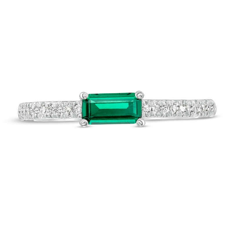 Sideways Baguette Lab-Created Emerald and 1/10 CT. T.W. Diamond Stackable Ring in 10K White Gold