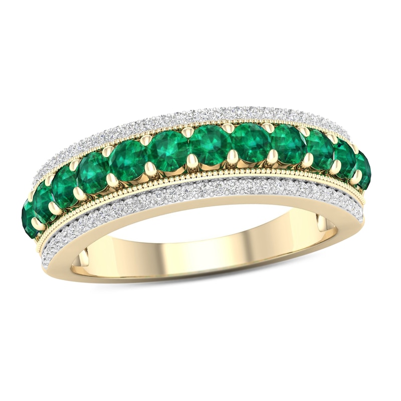 Main Image 1 of Emerald and 1/6 CT. T.W. Diamond Border Triple Row Vintage-Style Ring in 10K Gold
