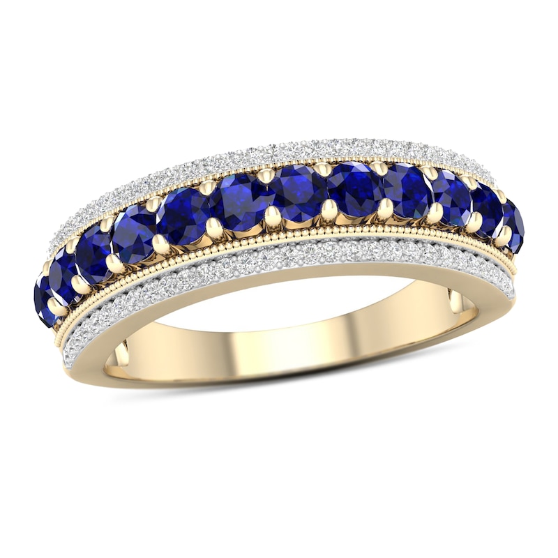 Blue Sapphire and 1/6 CT. T.W. Diamond Border Triple Row Vintage-Style Ring in 10K Gold