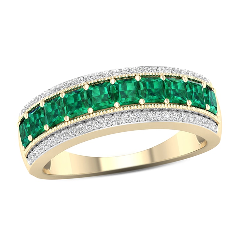 Main Image 1 of Princess-Cut Emerald and 1/6 CT. T.W. Diamond Border Triple Row Vintage-Style Ring in 10K Gold