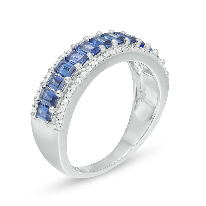 Baguette Ceylon Blue Lab-Created Sapphire and 1/5 CT. T.W. Diamond Border Triple Row Ring in 10K White Gold
