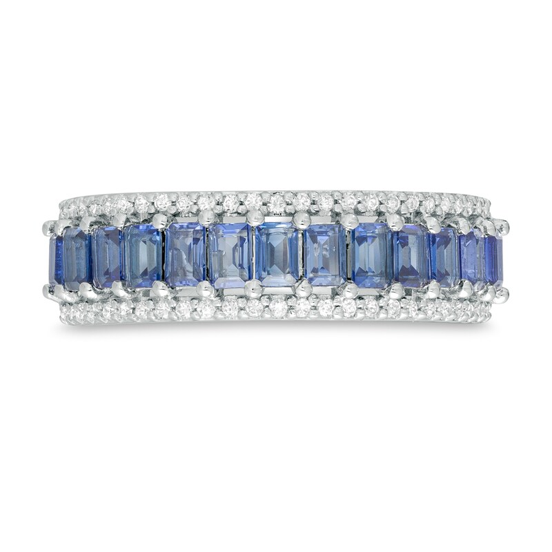 Baguette Ceylon Blue Lab-Created Sapphire and 1/5 CT. T.W. Diamond Border Triple Row Ring in 10K White Gold