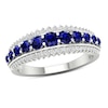 Graduated Blue Sapphire and 1/4 CT. T.W. Diamond Sunburst Border Triple Row Ring in 10K White Gold