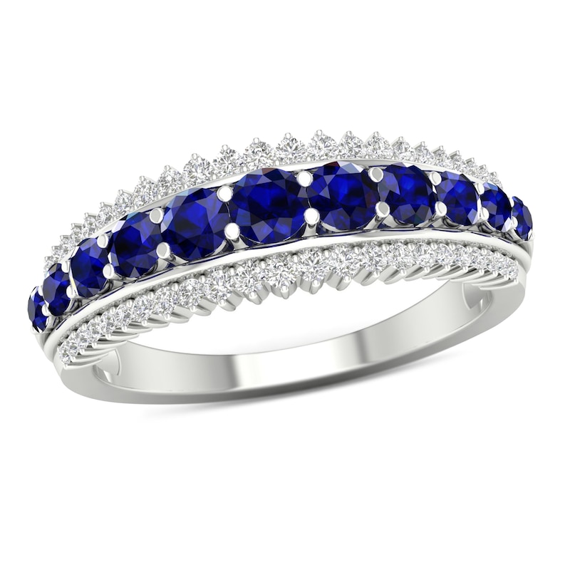 Main Image 1 of Graduated Blue Sapphire and 1/4 CT. T.W. Diamond Sunburst Border Triple Row Ring in 10K White Gold