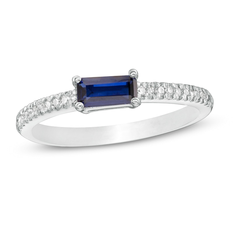 Sideways Baguette Lab-Created Blue Sapphire and 1/10 CT. T.W. Diamond Stackable Ring in 10K White Gold