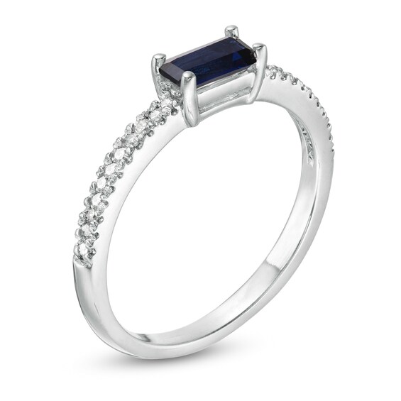 Sideways Baguette Lab-Created Blue Sapphire and 1/10 CT. T.w. Diamond Stackable Ring in 10K White Gold