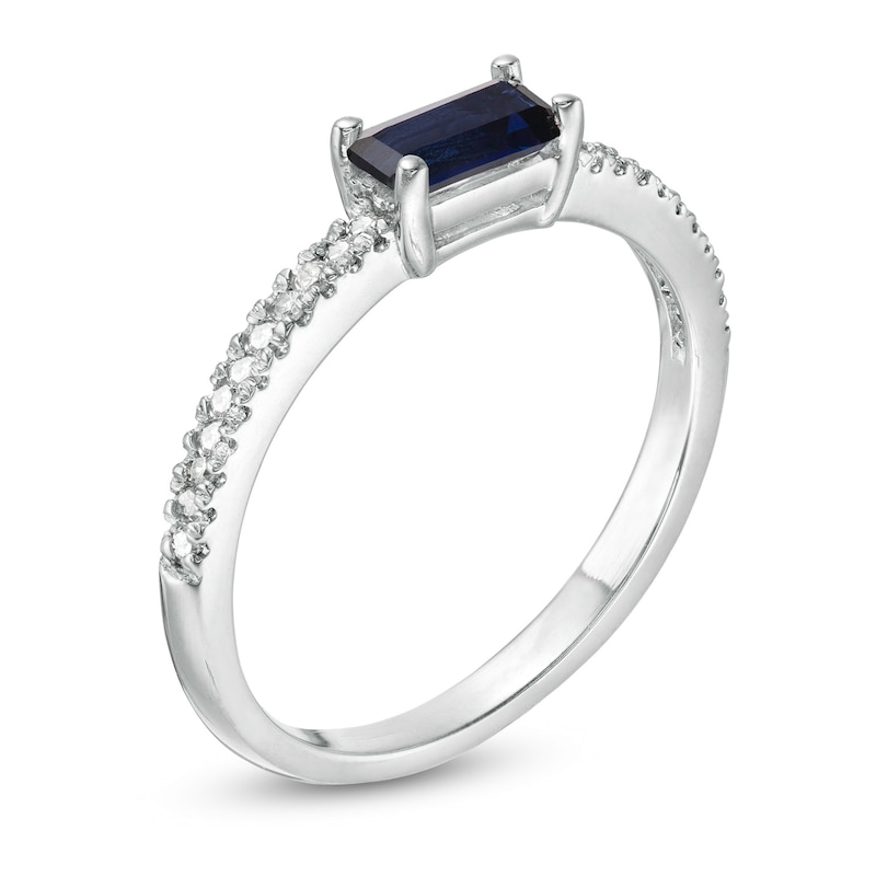 Sideways Baguette Lab-Created Blue Sapphire and 1/10 CT. T.W. Diamond Stackable Ring in 10K White Gold
