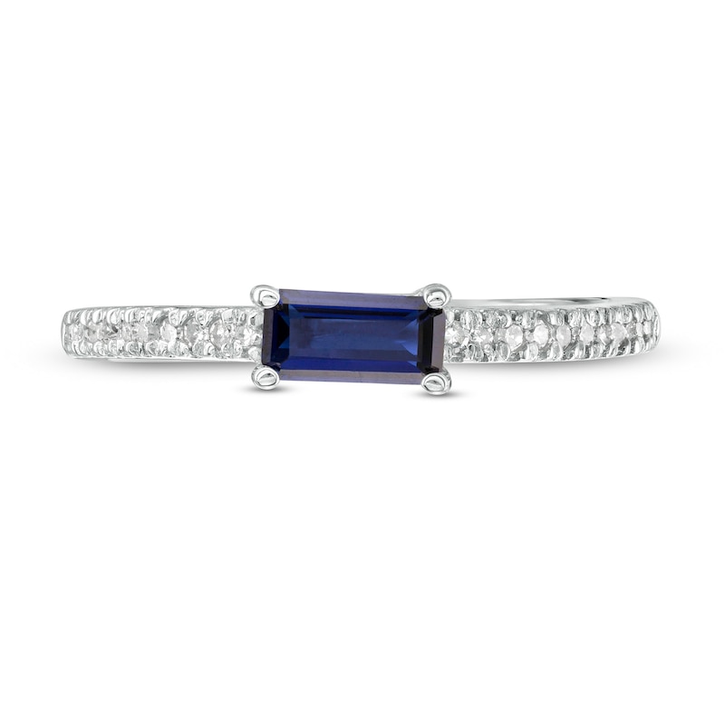 Sideways Baguette Lab-Created Blue Sapphire and 1/10 CT. T.W. Diamond Stackable Ring in 10K White Gold