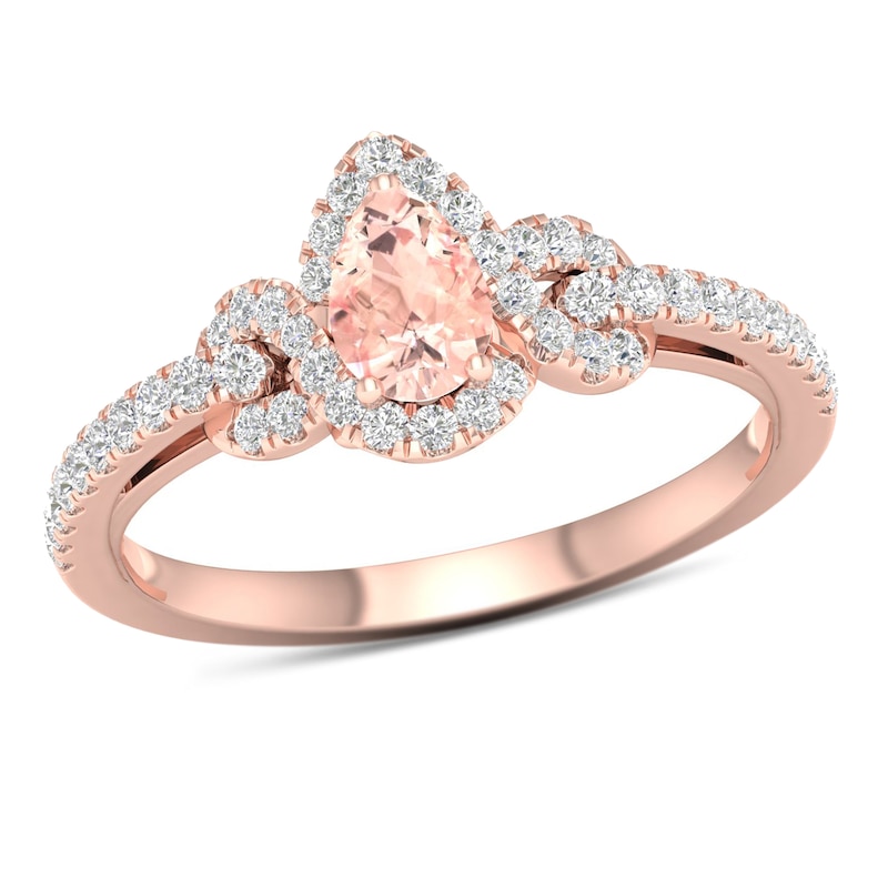 Main Image 1 of Pear-Shaped Morganite and 1/3 CT. T.W. Diamond Infinity Ribbon Frame Ring in 10K Rose Gold