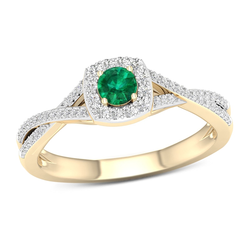Main Image 1 of 4.0mm Emerald and 1/4 CT. T.W. Diamond Cushion Frame Crossover Shank Ring in 10K Gold