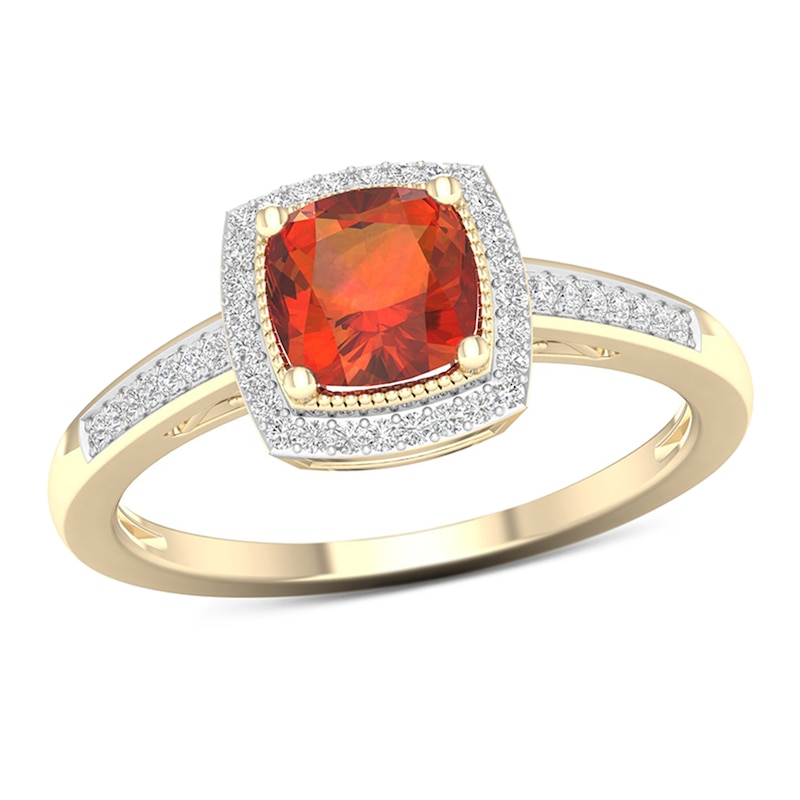 6.0mm Cushion-Cut Madeira Citrine and 1/8 CT. T.W. Diamond Double Frame Vintage-Style Ring in 10K Gold