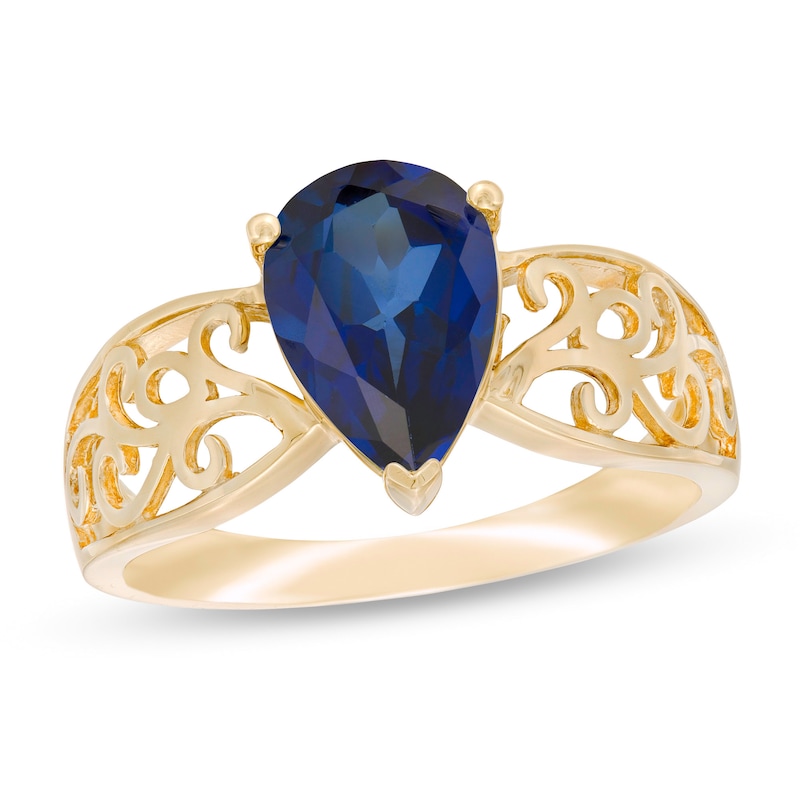 Main Image 1 of Pear-Shaped Lab-Created Blue Sapphire Wide Filigree Ring in 10K Gold