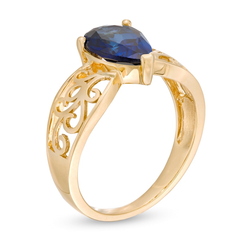 Main Image 3 of Pear-Shaped Lab-Created Blue Sapphire Wide Filigree Ring in 10K Gold