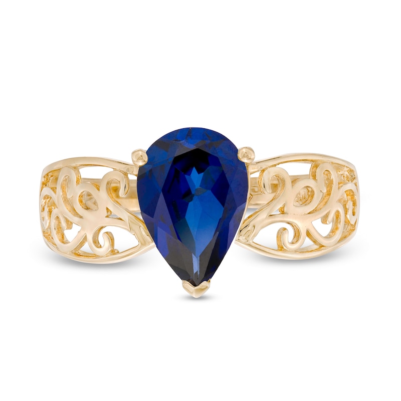 Main Image 4 of Pear-Shaped Lab-Created Blue Sapphire Wide Filigree Ring in 10K Gold
