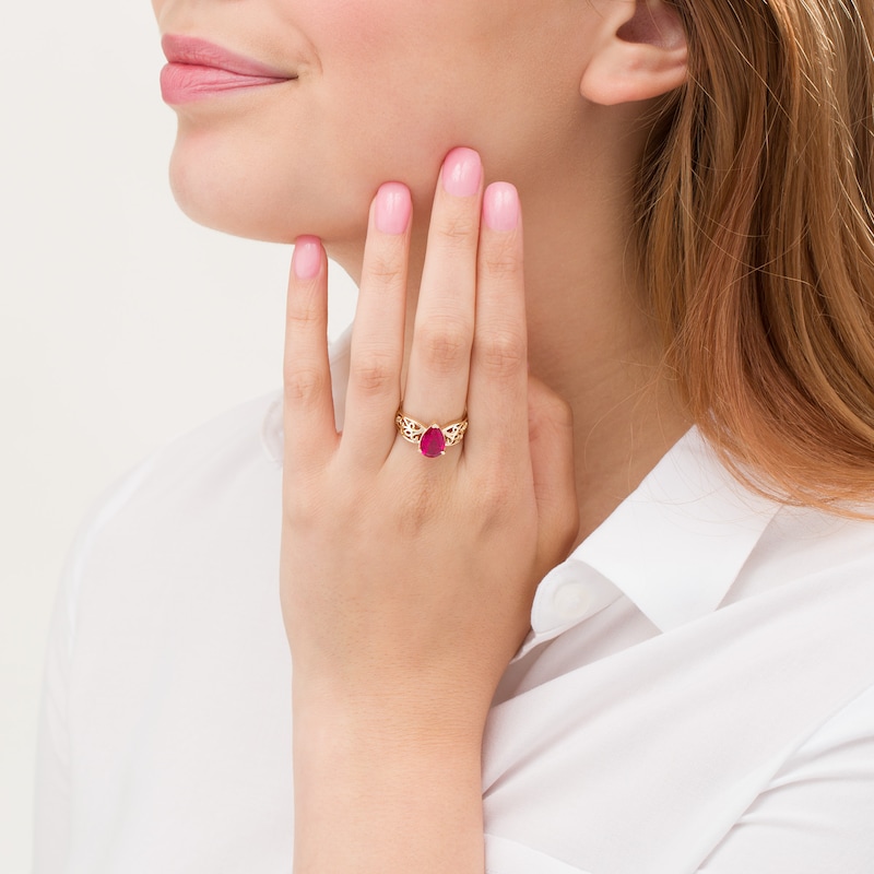 Pear-Shaped Lab-Created Ruby Wide Filigree Ring in 10K Gold