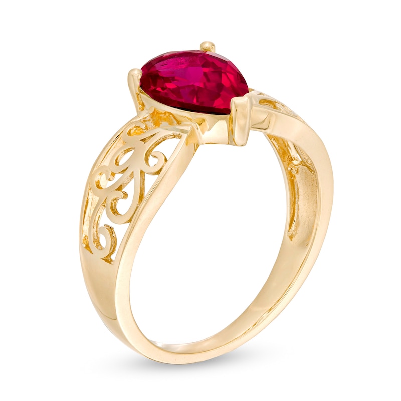 Pear-Shaped Lab-Created Ruby Wide Filigree Ring in 10K Gold