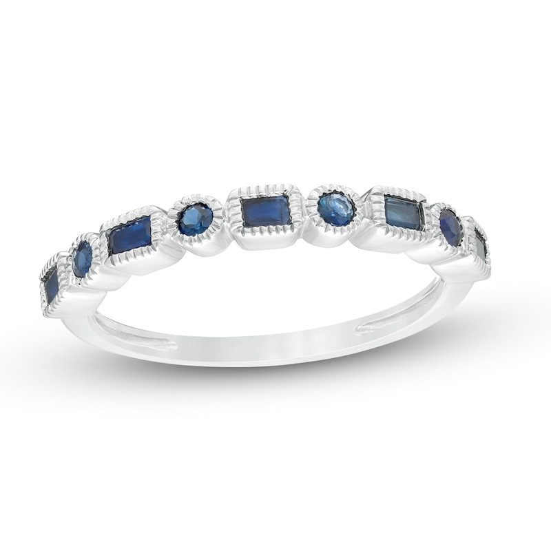 Main Image 1 of Sideways Emerald-Cut and Round Blue Sapphire Alternating Art Deco Stackable Ring in 10K White Gold