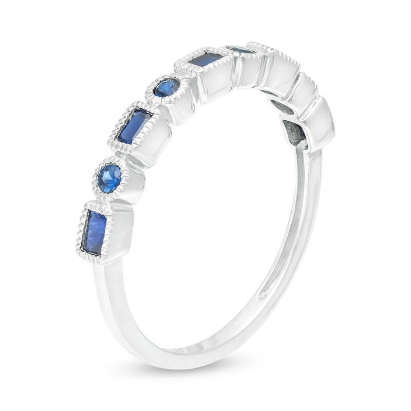 Main Image 3 of Sideways Emerald-Cut and Round Blue Sapphire Alternating Art Deco Stackable Ring in 10K White Gold