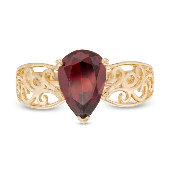 Pear-Shaped Garnet Wide Filigree Ring in 10K Gold