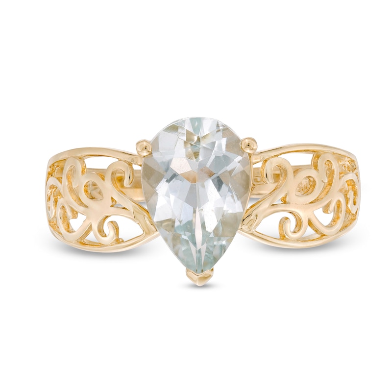 Pear-Shaped Aquamarine Wide Filigree Ring in 10K Gold