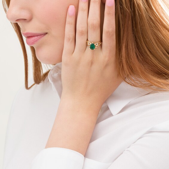 Pear-Shaped Lab-Created Emerald Wide Filigree Ring in 10K Gold
