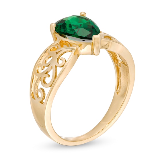 Pear-Shaped Lab-Created Emerald Wide Filigree Ring in 10K Gold