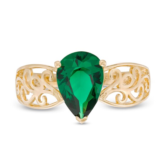 Pear-Shaped Lab-Created Emerald Wide Filigree Ring in 10K Gold
