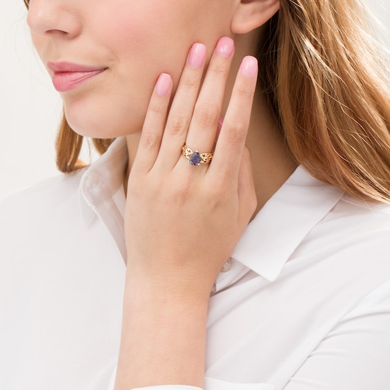 Pear-Shaped Lab-Created Alexandrite Wide Filigree Ring in 10K Gold