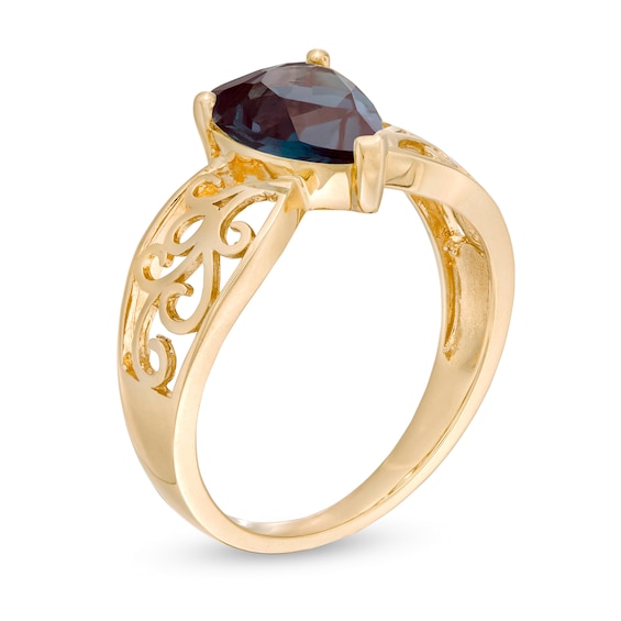 Pear-Shaped Lab-Created Alexandrite Wide Filigree Ring in 10K Gold