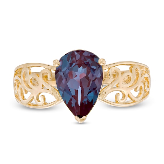 Pear-Shaped Lab-Created Alexandrite Wide Filigree Ring in 10K Gold