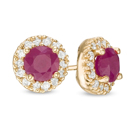 5.0mm Certified Ruby and 1/4 CT. T.w. Diamond Frame Stud Earrings in 14K Gold