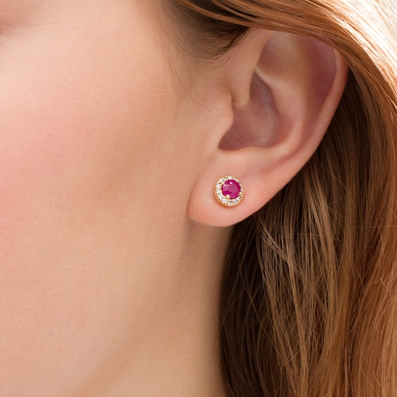 5.0mm Certified Ruby and 1/4 CT. T.w. Diamond Frame Stud Earrings in 14K Gold