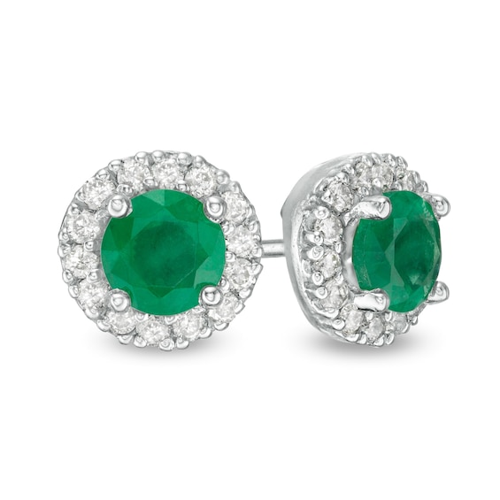 5.0mm Certified Emerald and 1/4 CT. T.w. Diamond Frame Stud Earrings in 14K White Gold