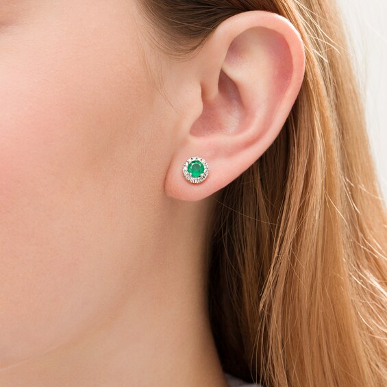 5.0mm Certified Emerald and 1/4 CT. T.w. Diamond Frame Stud Earrings in 14K White Gold