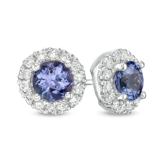 5.0mm Certified Tanzanite and 1/4 CT. T.w. Diamond Frame Stud Earrings in 14K White Gold