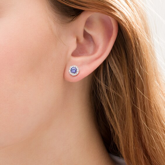 5.0mm Certified Tanzanite and 1/4 CT. T.w. Diamond Frame Stud Earrings in 14K White Gold