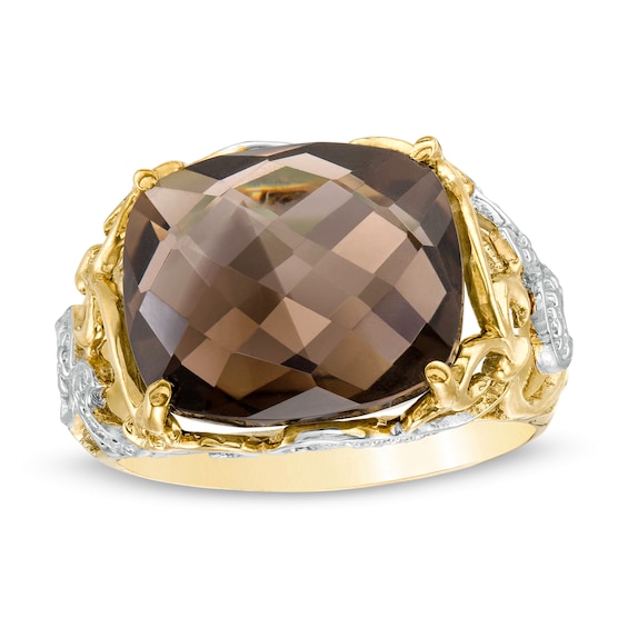 Sideways Cushion-Shaped Smoky Quartz Beaded Filigree Ring in 10K Two-Tone Gold
