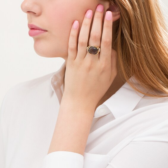 Sideways Cushion-Shaped Smoky Quartz Beaded Filigree Ring in 10K Two-Tone Gold