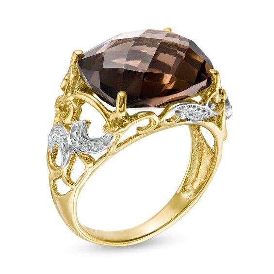 Sideways Cushion-Shaped Smoky Quartz Beaded Filigree Ring in 10K Two-Tone Gold