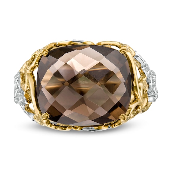 Sideways Cushion-Shaped Smoky Quartz Beaded Filigree Ring in 10K Two-Tone Gold