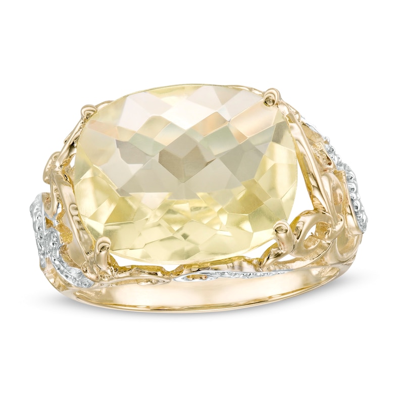 Sideways Cushion-Cut Lemon Quartz Beaded Filigree Ring in 10K Two-Tone Gold