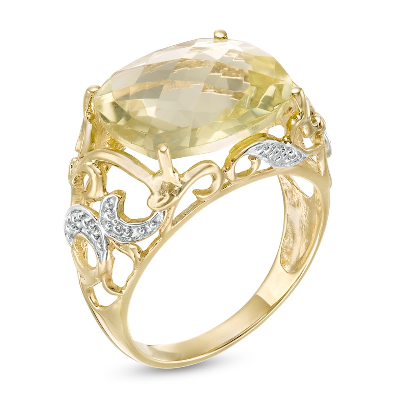 Sideways Cushion-Cut Lemon Quartz Beaded Filigree Ring in 10K Two-Tone Gold