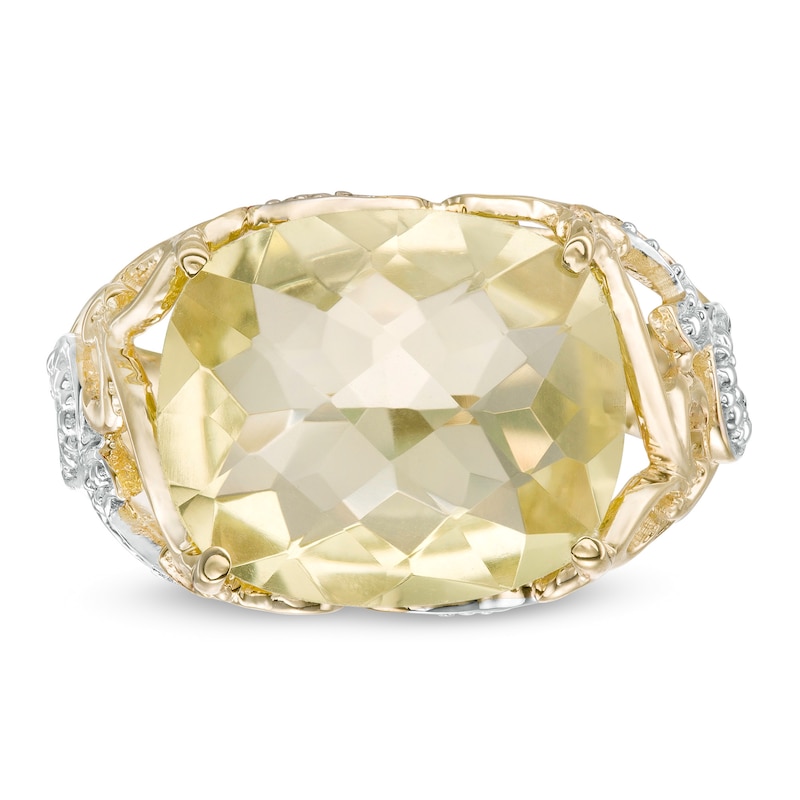 Sideways Cushion-Cut Lemon Quartz Beaded Filigree Ring in 10K Two-Tone Gold