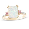 Thumbnail Image 1 of Emerald-Cut Lab-Created Opal and Pink Sapphire with Diamond Accent Three Stone Ring in 10K Gold