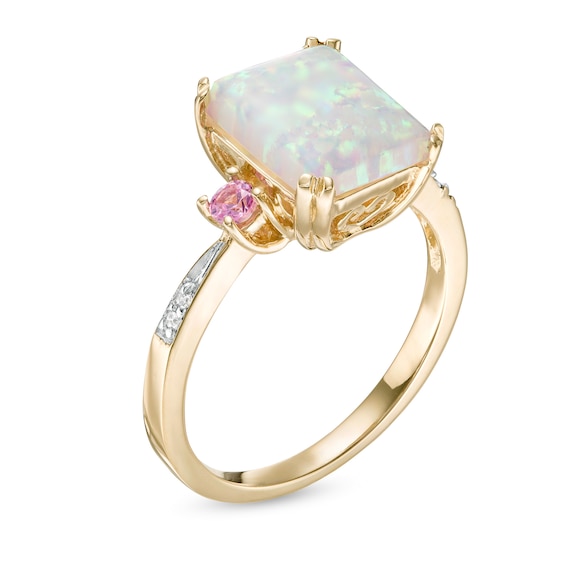 Emerald-Cut Lab-Created Opal and Pink Sapphire with Diamond Accent Three Stone Ring in 10K Gold