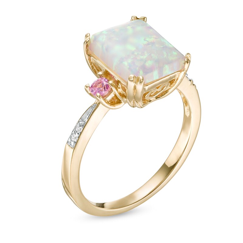 Emerald-Cut Lab-Created Opal and Pink Sapphire with Diamond Accent Three Stone Ring in 10K Gold