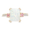 Thumbnail Image 3 of Emerald-Cut Lab-Created Opal and Pink Sapphire with Diamond Accent Three Stone Ring in 10K Gold