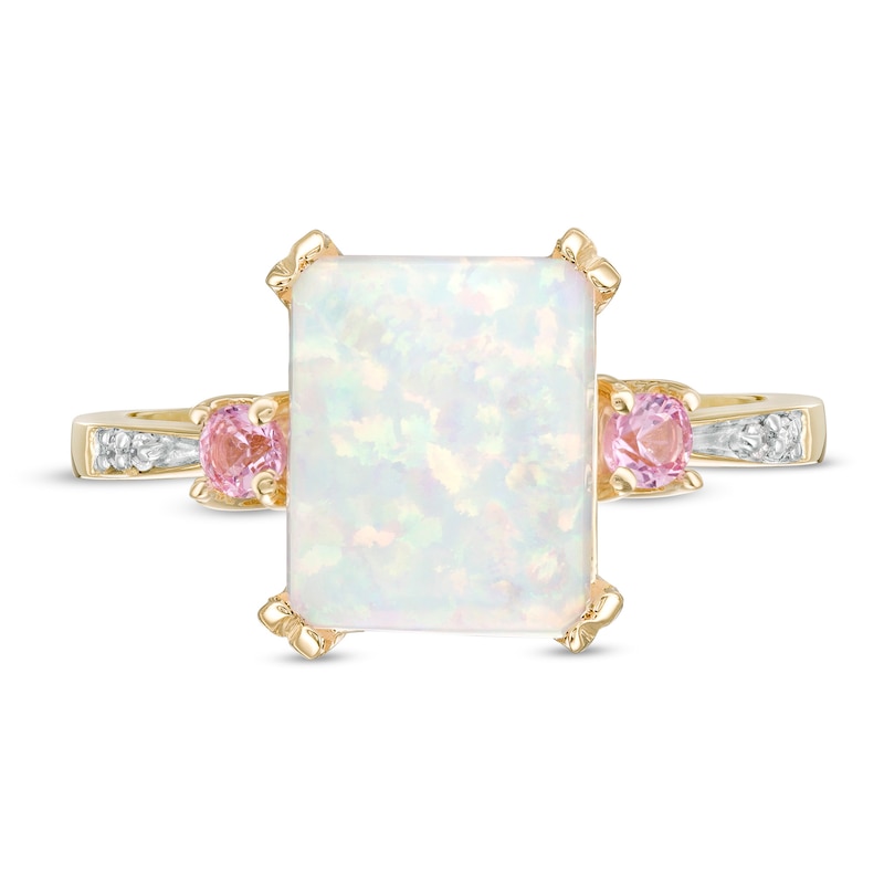 Emerald-Cut Lab-Created Opal and Pink Sapphire with Diamond Accent Three Stone Ring in 10K Gold