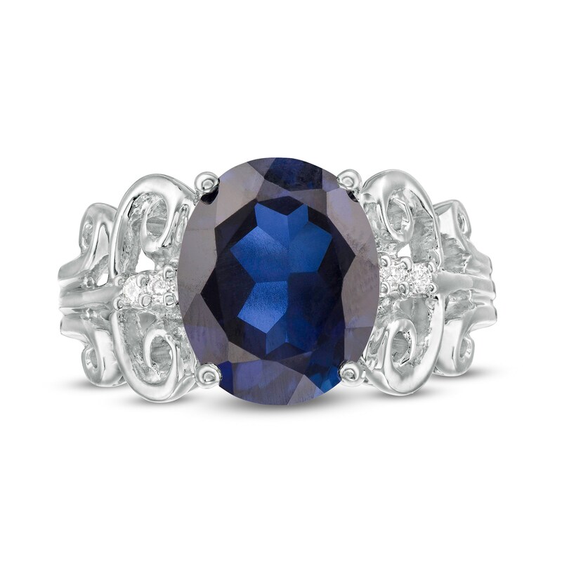 Main Image 4 of Oval Lab-Created Blue Sapphire and 1/20 CT. T.W. Diamond Vintage-Style Scroll Ring in 10K White Gold